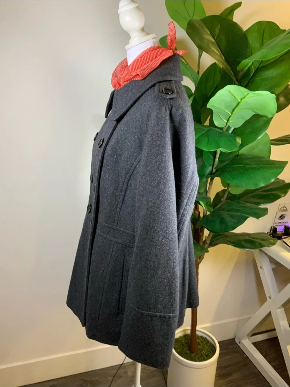 Michael Kors Charcoal Double-Breasted Peacoat with Red Scarf